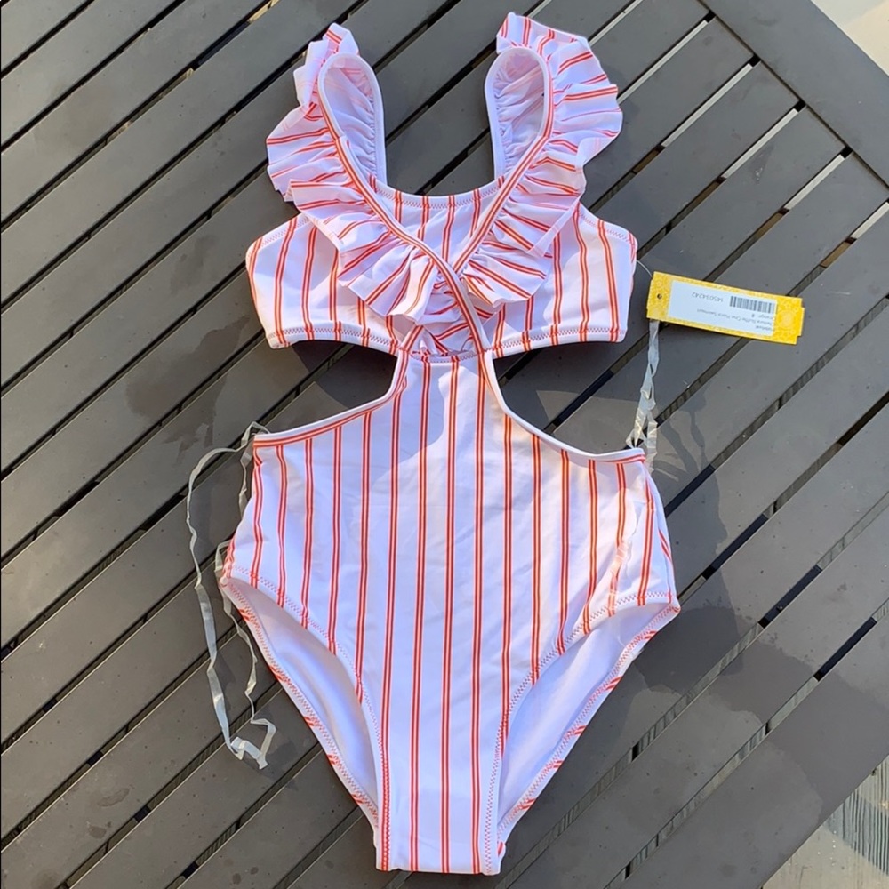 White and orange striped trendy bathing suit